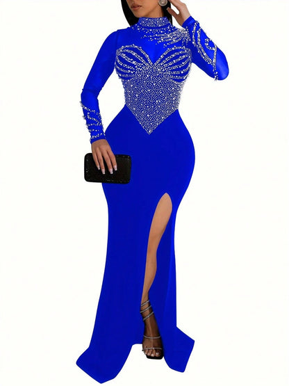 Summer Dresses For Womenvestidos Elegantes De MujerRhinestone Mock Slit Bodycon Dress, Elegant Long Sleeve Mesh Splicing Dress For Party & Banquet, W