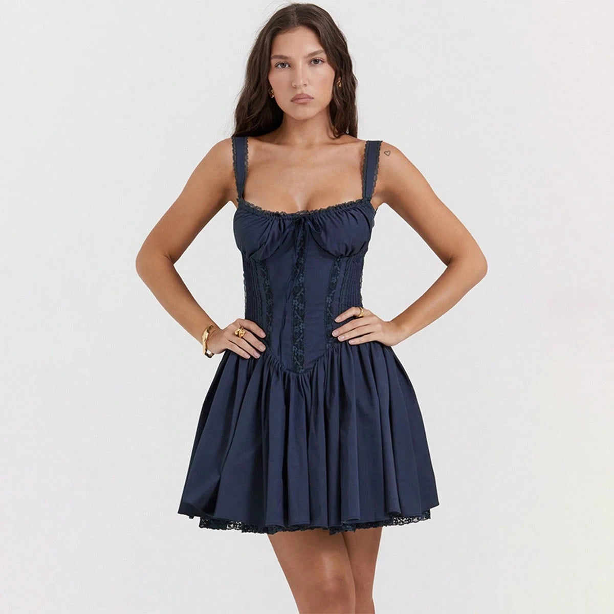 Summer Dresses For WomenWhite Lace Trim Ruched Sweetheart Corset Cami Dress Tie Front Flounce Hem A-Line Mini Dress, Cute Ballet Styldresses For Women