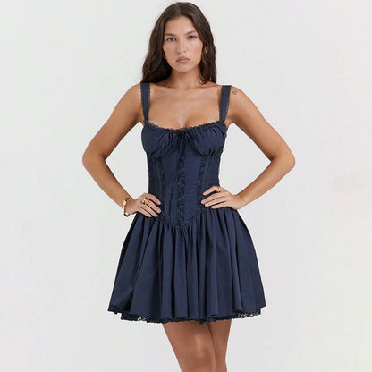 Summer Dresses For WomenWhite Lace Trim Ruched Sweetheart Corset Cami Dress Tie Front Flounce Hem A-Line Mini Dress, Cute Ballet Styldresses For Women