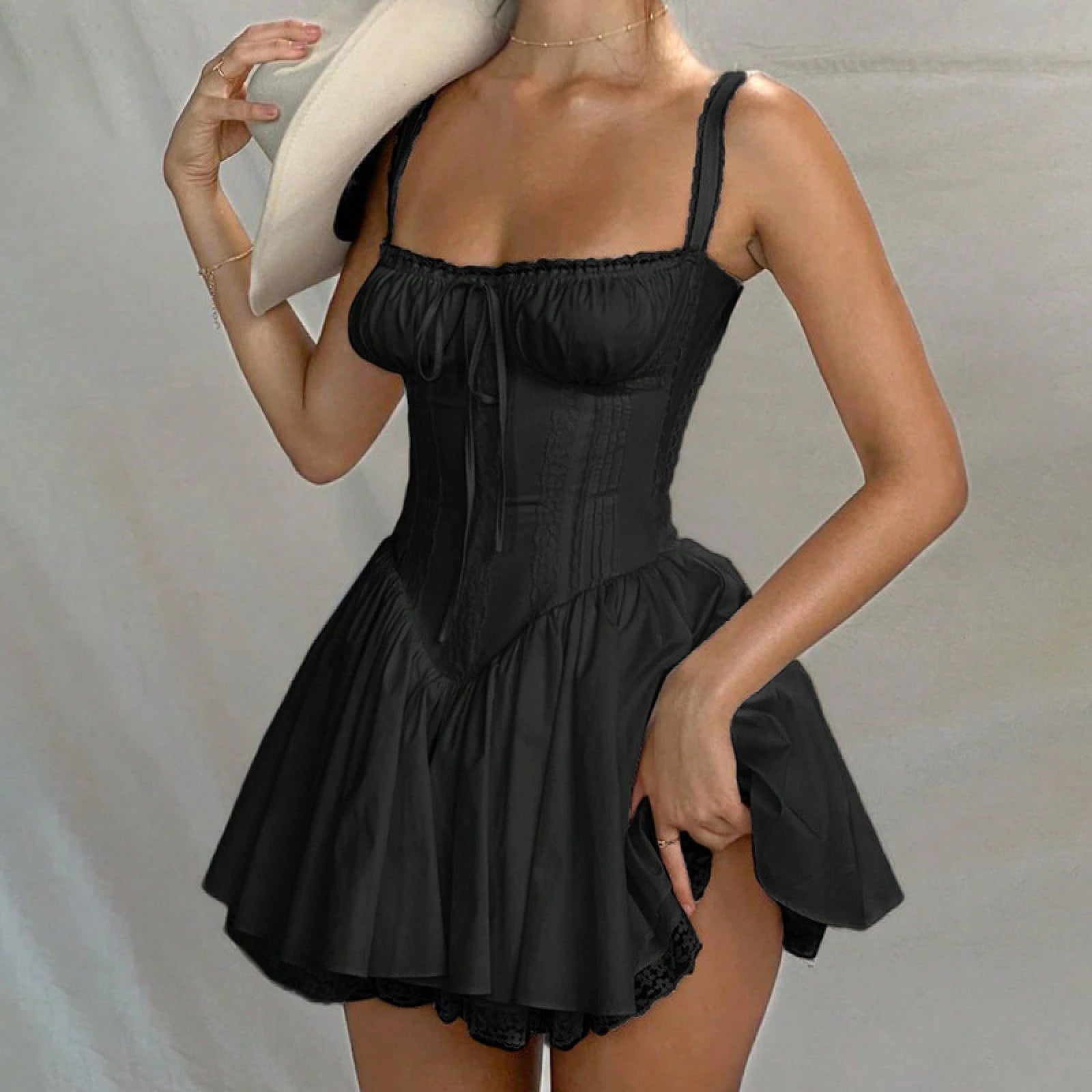 Summer Dresses For WomenWhite Lace Trim Ruched Sweetheart Corset Cami Dress Tie Front Flounce Hem A-Line Mini Dress, Cute Ballet Styldresses For Women