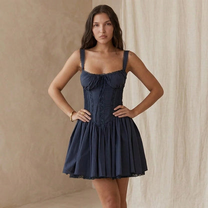 Summer Dresses For WomenWhite Lace Trim Ruched Sweetheart Corset Cami Dress Tie Front Flounce Hem A-Line Mini Dress, Cute Ballet Styldresses For Women