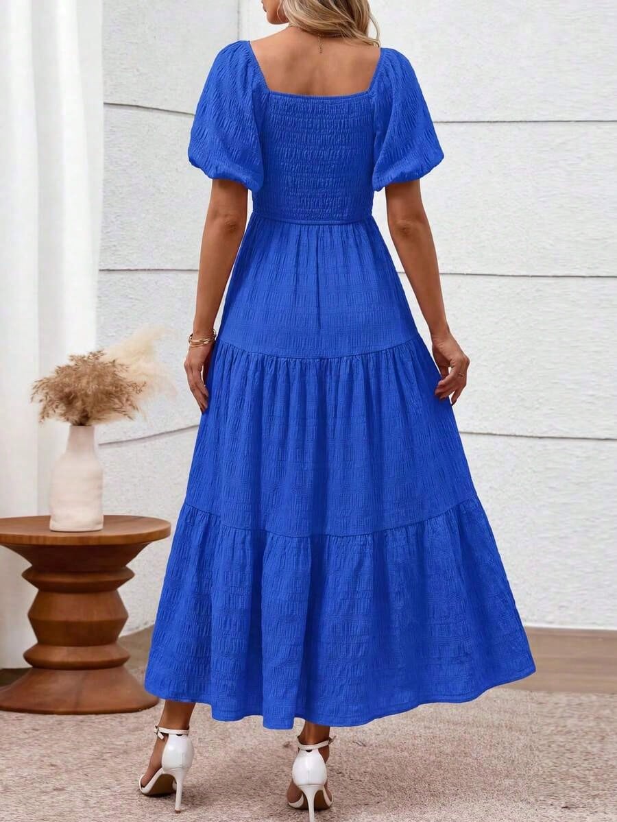 Summer Dresses For WomenWomen's Summer Dresses Puff Short Sleeve Dresses Square Neck Smocked Tiered Ruffle A Line Long Flowy Beach Graduation Wedding