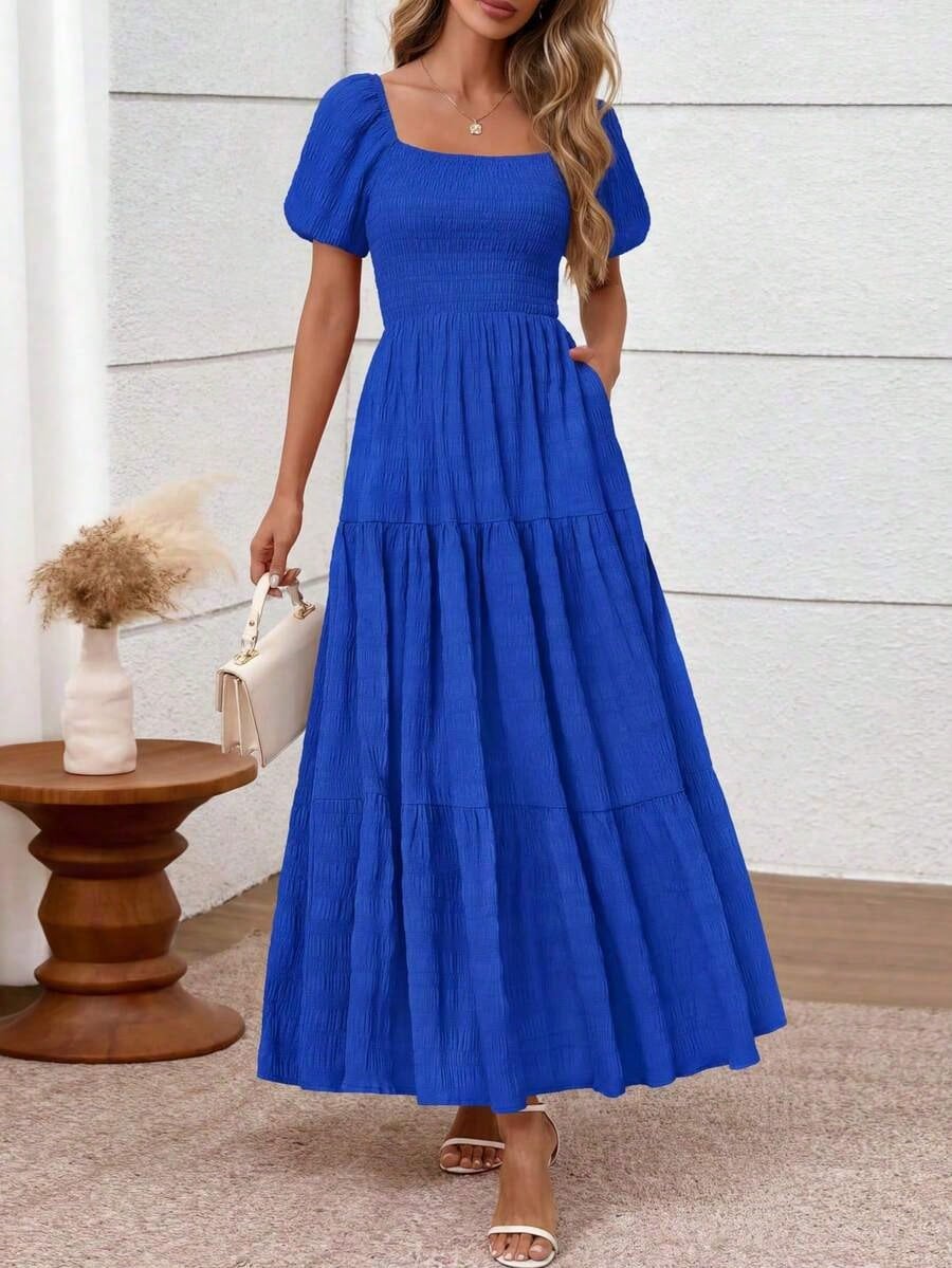 Summer Dresses For WomenWomen's Summer Dresses Puff Short Sleeve Dresses Square Neck Smocked Tiered Ruffle A Line Long Flowy Beach Graduation Wedding