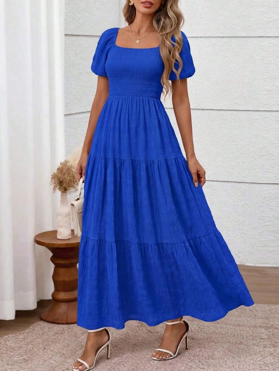 Summer Dresses For WomenWomen's Summer Dresses Puff Short Sleeve Dresses Square Neck Smocked Tiered Ruffle A Line Long Flowy Beach Graduation Wedding