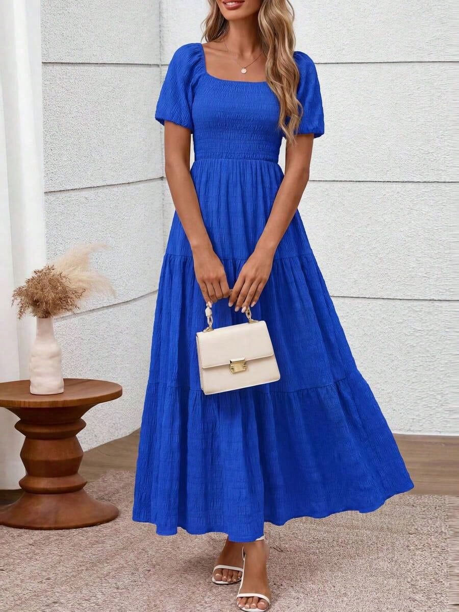 Summer Dresses For WomenWomen's Summer Dresses Puff Short Sleeve Dresses Square Neck Smocked Tiered Ruffle A Line Long Flowy Beach Graduation Wedding