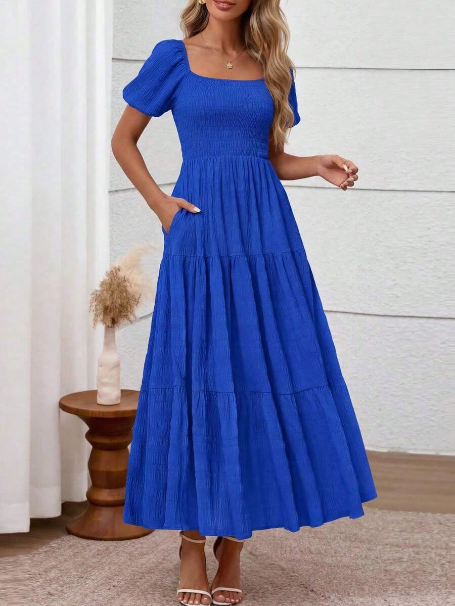 Summer Dresses For WomenWomen's Summer Dresses Puff Short Sleeve Dresses Square Neck Smocked Tiered Ruffle A Line Long Flowy Beach Graduation Wedding