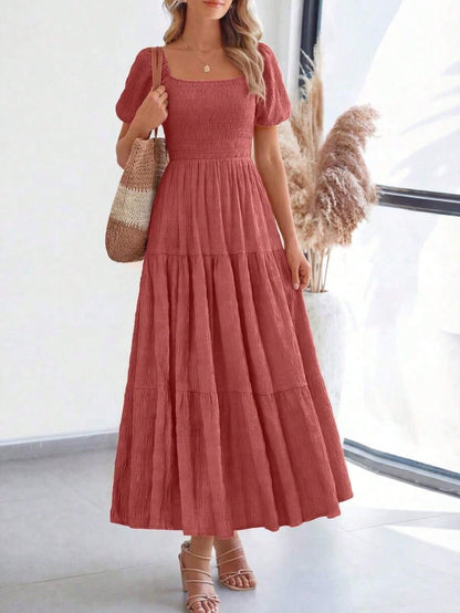 Summer Dresses For WomenWomen's Summer Dresses Puff Short Sleeve Dresses Square Neck Smocked Tiered Ruffle A Line Long Flowy Beach Graduation Wedding