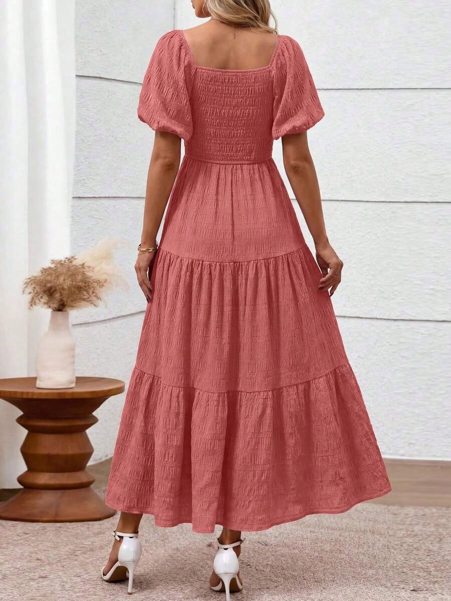 Summer Dresses For WomenWomen's Summer Dresses Puff Short Sleeve Dresses Square Neck Smocked Tiered Ruffle A Line Long Flowy Beach Graduation Wedding
