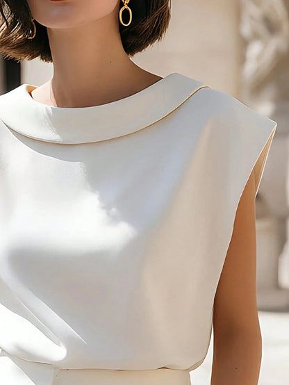 Summer June Festival Outdoor Blouse, Beach Vacation, Holiday, Round Neck White Top, Loose Casual Women's Top, Sleeveless Casual White Top, Casual Loose White Blouse, Elegant Vacation