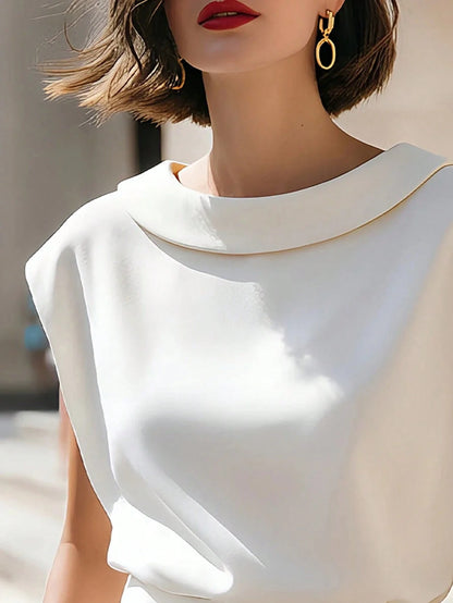 Summer June Festival Outdoor Blouse, Beach Vacation, Holiday, Round Neck White Top, Loose Casual Women's Top, Sleeveless Casual White Top, Casual Loose White Blouse, Elegant Vacation