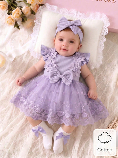 Summer Newborn 2-Piece Set: Purple Ruffle-Sleeve Patchwork Dress With 3D Floral Lace Tulle Skirt And Matching Headband Sweet, Cute, And Elegant; Soft, Skin-Friendly, Loose-Fitting, And Comfortab
