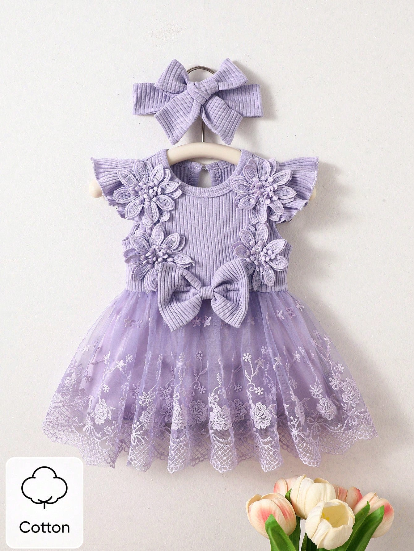 Summer Newborn 2-Piece Set: Purple Ruffle-Sleeve Patchwork Dress With 3D Floral Lace Tulle Skirt And Matching Headband Sweet, Cute, And Elegant; Soft, Skin-Friendly, Loose-Fitting, And Comfortab
