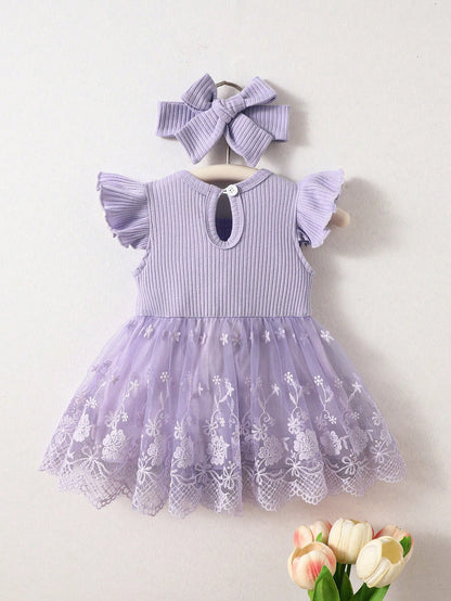 Summer Newborn 2-Piece Set: Purple Ruffle-Sleeve Patchwork Dress With 3D Floral Lace Tulle Skirt And Matching Headband Sweet, Cute, And Elegant; Soft, Skin-Friendly, Loose-Fitting, And Comfortab