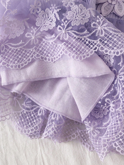 Summer Newborn 2-Piece Set: Purple Ruffle-Sleeve Patchwork Dress With 3D Floral Lace Tulle Skirt And Matching Headband Sweet, Cute, And Elegant; Soft, Skin-Friendly, Loose-Fitting, And Comfortab