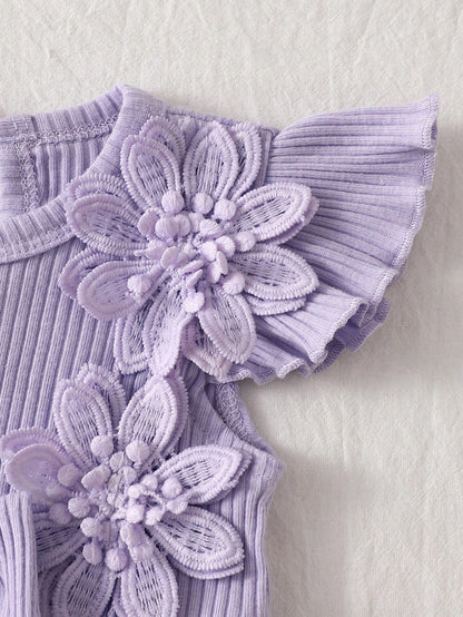 Summer Newborn 2-Piece Set: Purple Ruffle-Sleeve Patchwork Dress With 3D Floral Lace Tulle Skirt And Matching Headband Sweet, Cute, And Elegant; Soft, Skin-Friendly, Loose-Fitting, And Comfortab