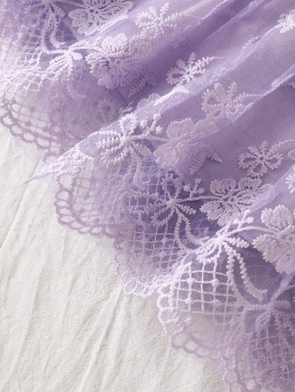 Summer Newborn 2-Piece Set: Purple Ruffle-Sleeve Patchwork Dress With 3D Floral Lace Tulle Skirt And Matching Headband Sweet, Cute, And Elegant; Soft, Skin-Friendly, Loose-Fitting, And Comfortab
