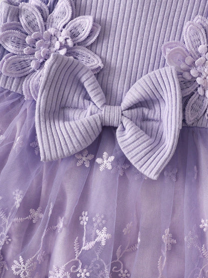Summer Newborn 2-Piece Set: Purple Ruffle-Sleeve Patchwork Dress With 3D Floral Lace Tulle Skirt And Matching Headband Sweet, Cute, And Elegant; Soft, Skin-Friendly, Loose-Fitting, And Comfortab