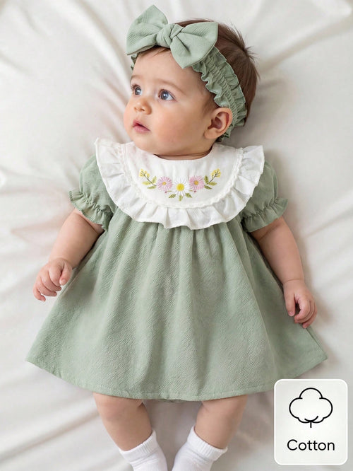 Summer Newborn Baby Girl Sage Green Dress Cute White Embroidered Pattern Patchwork Puff Sleeve Vintage Outfit For Tea Party Photoshoot 0-12Months