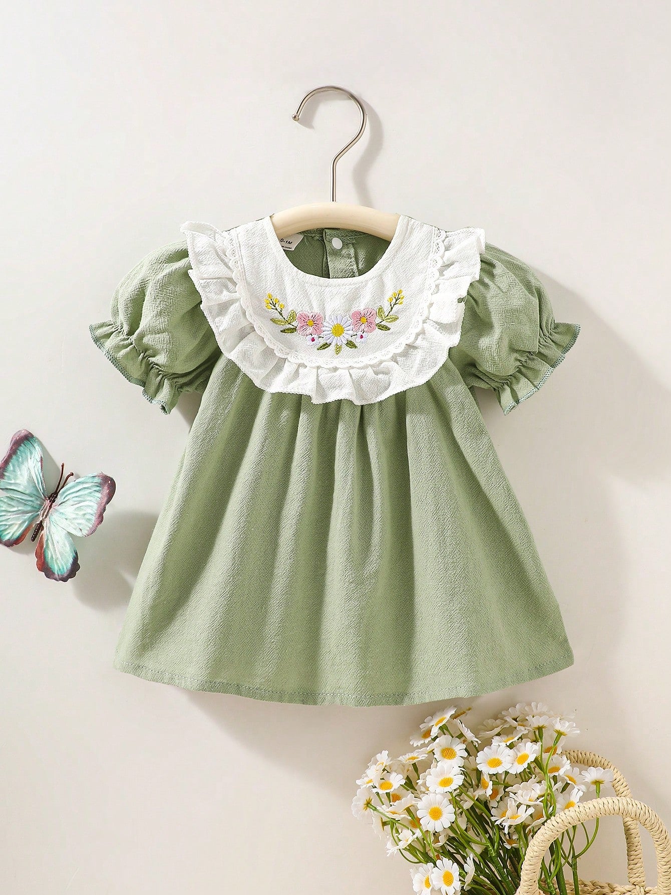 Summer Newborn Baby Girl Sage Green Dress Cute White Embroidered Pattern Patchwork Puff Sleeve Vintage Outfit For Tea Party Photoshoot 0-12Months