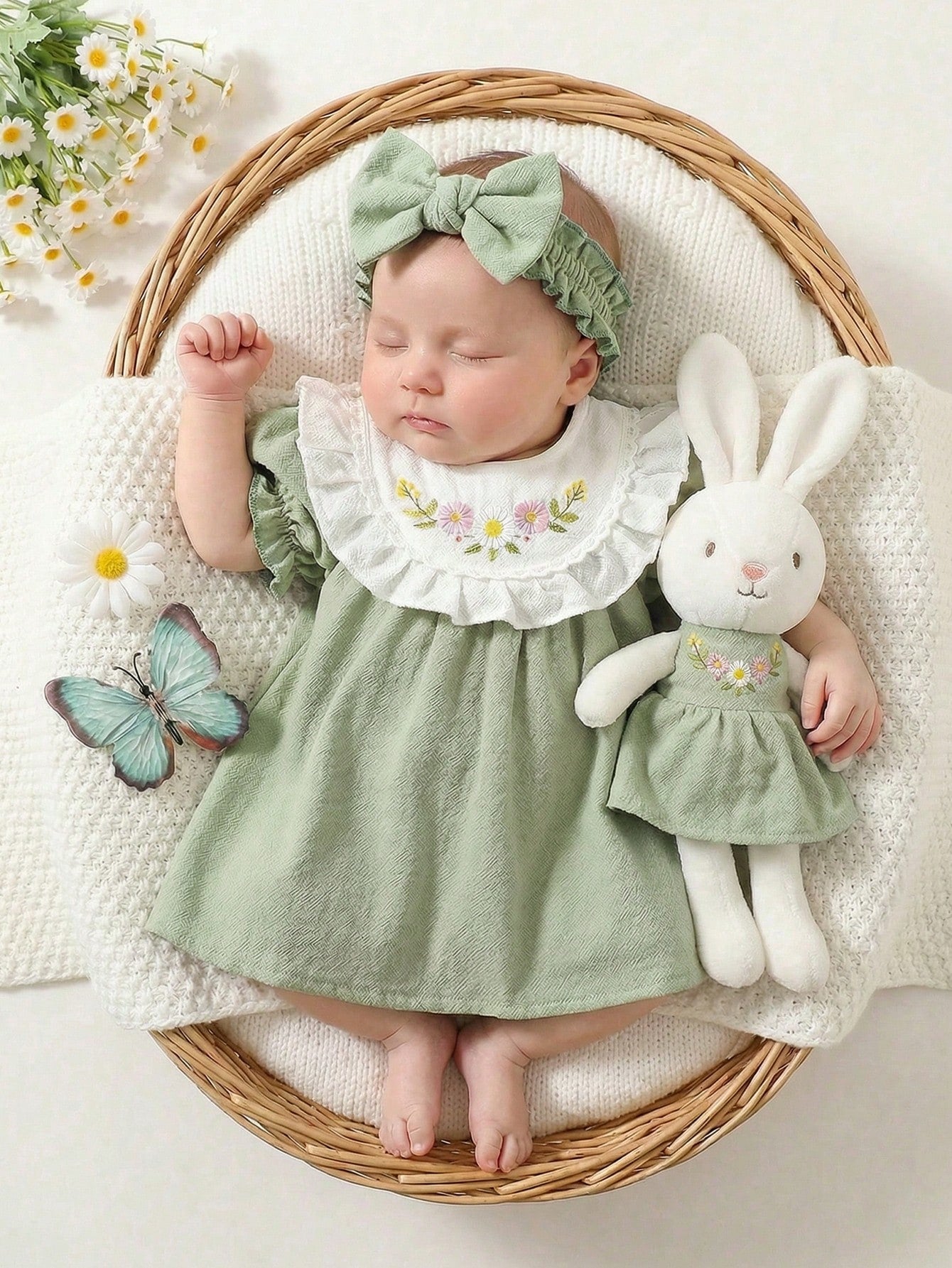 Summer Newborn Baby Girl Sage Green Dress Cute White Embroidered Pattern Patchwork Puff Sleeve Vintage Outfit For Tea Party Photoshoot 0-12Months