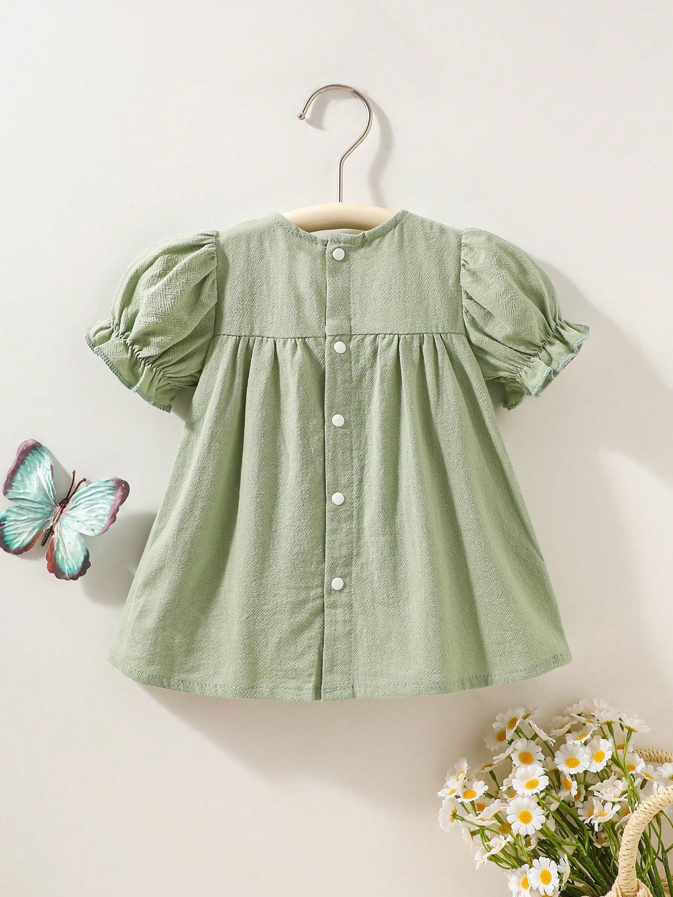 Summer Newborn Baby Girl Sage Green Dress Cute White Embroidered Pattern Patchwork Puff Sleeve Vintage Outfit For Tea Party Photoshoot 0-12Months