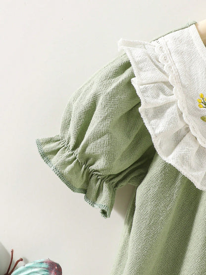 Summer Newborn Baby Girl Sage Green Dress Cute White Embroidered Pattern Patchwork Puff Sleeve Vintage Outfit For Tea Party Photoshoot 0-12Months