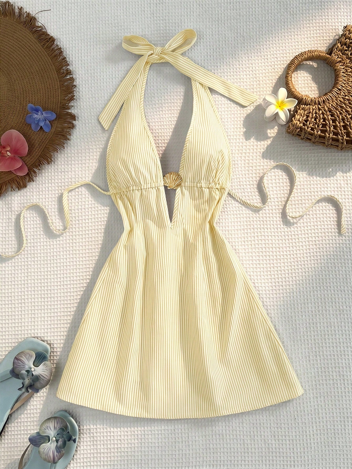 Sunnyshic Blue & White Striped Slub Cotton Fabric Metal Shell Decor Deep V Halter Neck Tie Back Open Back Cinched Waist A-Line Mini Dress For Women, Spring/Summer, Vacation, Beach, Countryside, Elega