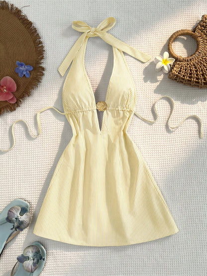 Sunnyshic Blue & White Striped Slub Cotton Fabric Metal Shell Decor Deep V Halter Neck Tie Back Open Back Cinched Waist A-Line Mini Dress For Women, Spring/Summer, Vacation, Beach, Countryside, Elega