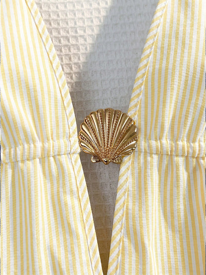 Sunnyshic Blue & White Striped Slub Cotton Fabric Metal Shell Decor Deep V Halter Neck Tie Back Open Back Cinched Waist A-Line Mini Dress For Women, Spring/Summer, Vacation, Beach, Countryside, Elega