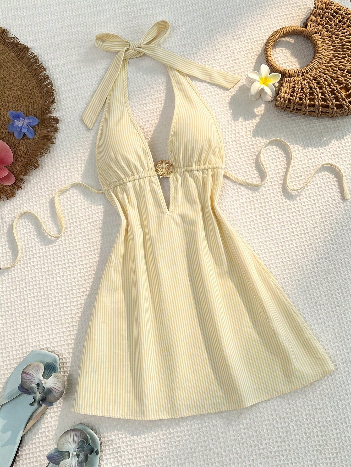 Sunnyshic Blue & White Striped Slub Cotton Fabric Metal Shell Decor Deep V Halter Neck Tie Back Open Back Cinched Waist A-Line Mini Dress For Women, Spring/Summer, Vacation, Beach, Countryside, Elega