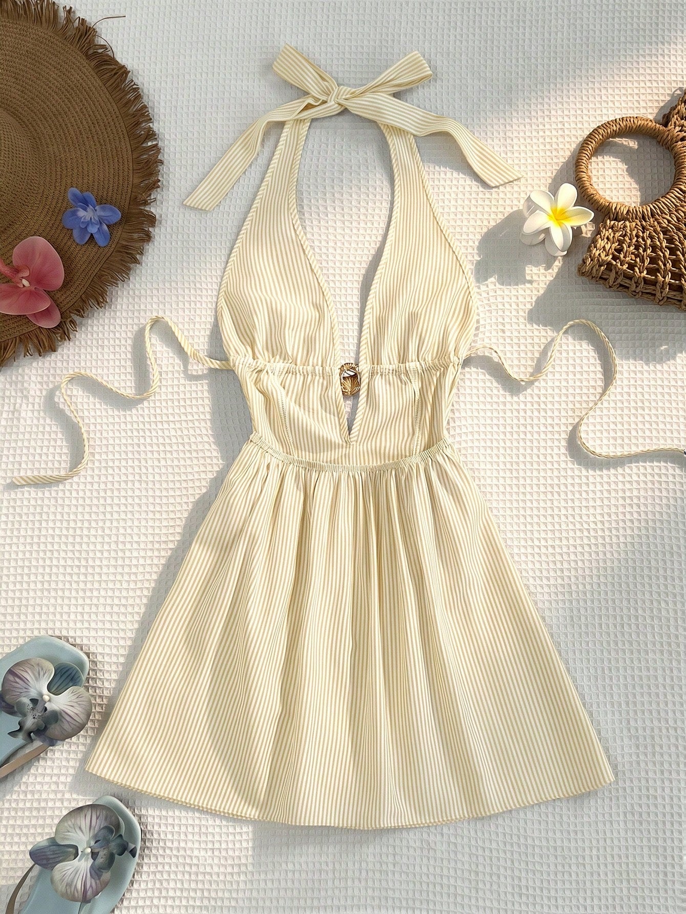 Sunnyshic Blue & White Striped Slub Cotton Fabric Metal Shell Decor Deep V Halter Neck Tie Back Open Back Cinched Waist A-Line Mini Dress For Women, Spring/Summer, Vacation, Beach, Countryside, Elega