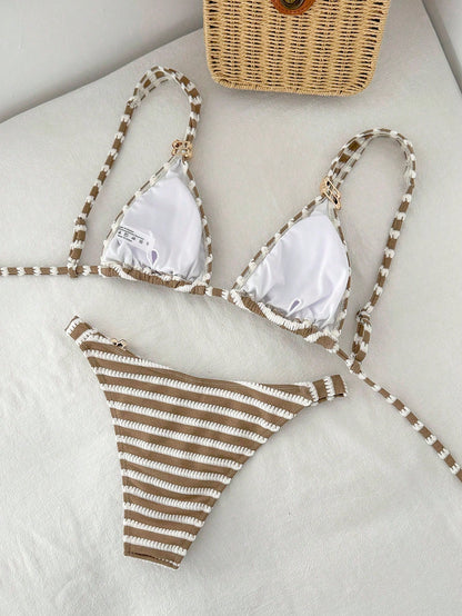 Sunnyshic New Women's Beach Pool Party Vacation Fashion Sexy Casual French Island Style Striped Textured Triangle Bikini Metal Buckle Wide Strap Sexy Two Pieces Swimsuit