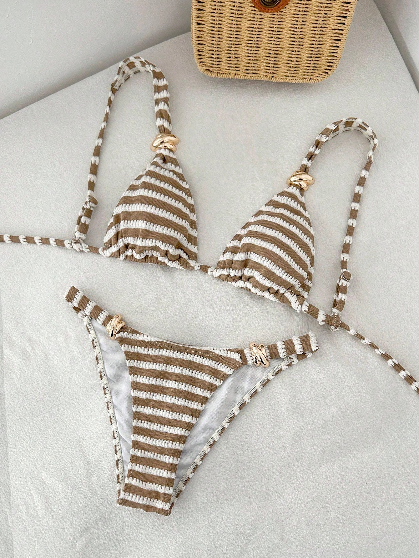 Sunnyshic New Women's Beach Pool Party Vacation Fashion Sexy Casual French Island Style Striped Textured Triangle Bikini Metal Buckle Wide Strap Sexy Two Pieces Swimsuit