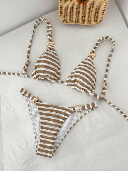 Sunnyshic New Women's Beach Pool Party Vacation Fashion Sexy Casual French Island Style Striped Textured Triangle Bikini Metal Buckle Wide Strap Sexy Two Pieces Swimsuit