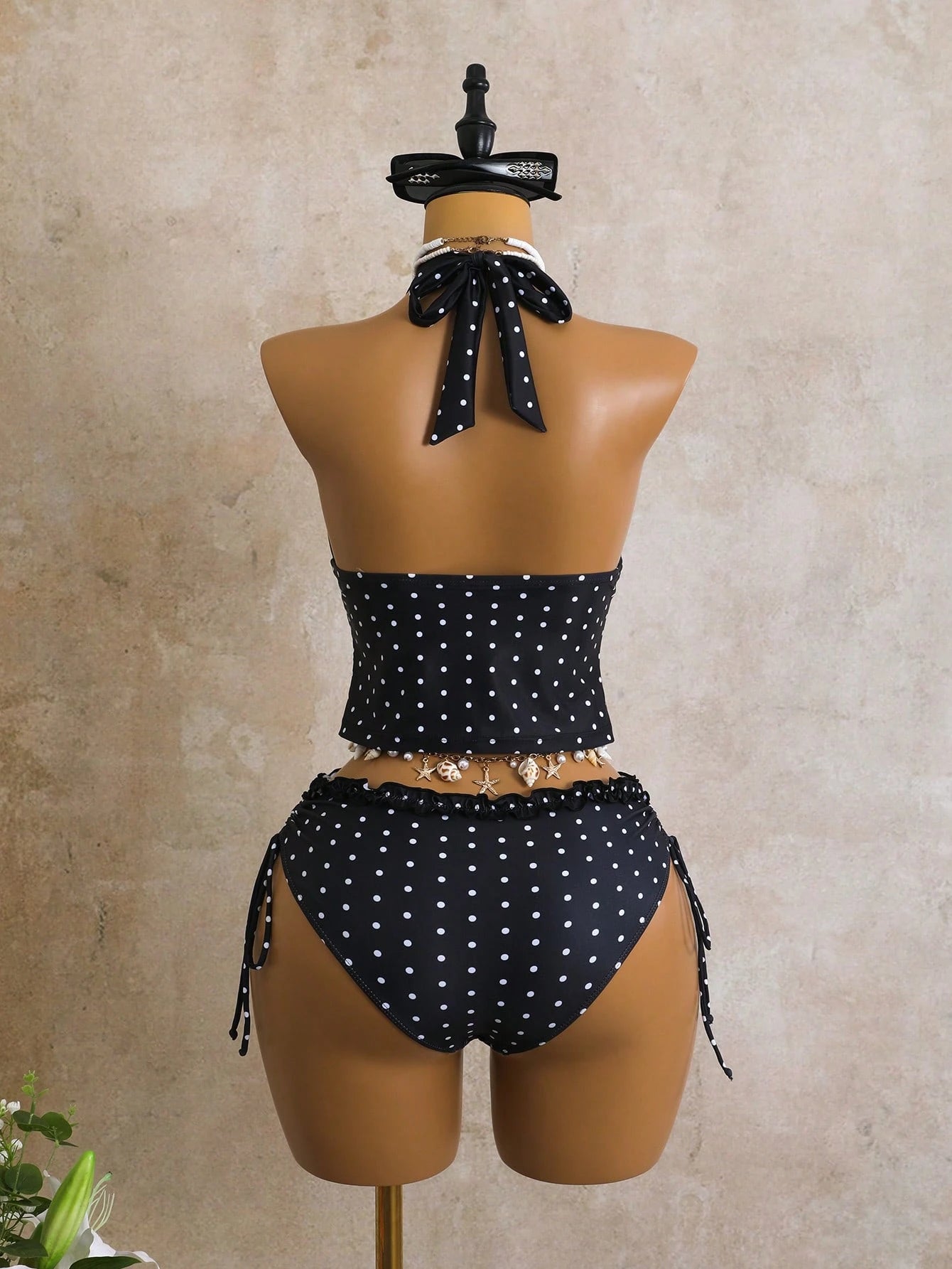 Sunnyshic Women's 2-Piece Swimwear Set For Summer, Black & White Polka Dot Print With Ruffle Trim, Cropped Top And Tie-Waist Bottoms Vacation Beach