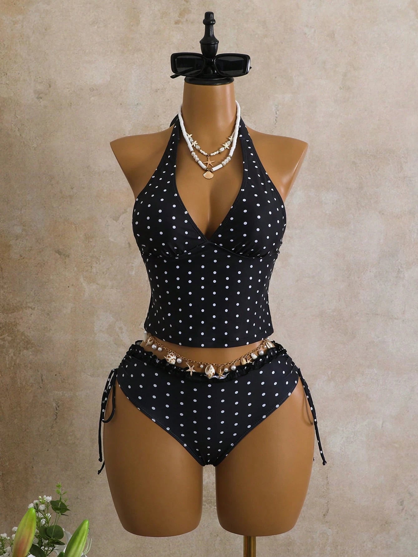 Sunnyshic Women's 2-Piece Swimwear Set For Summer, Black & White Polka Dot Print With Ruffle Trim, Cropped Top And Tie-Waist Bottoms Vacation Beach