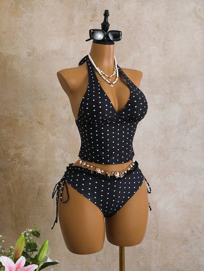 Sunnyshic Women's 2-Piece Swimwear Set For Summer, Black & White Polka Dot Print With Ruffle Trim, Cropped Top And Tie-Waist Bottoms Vacation Beach