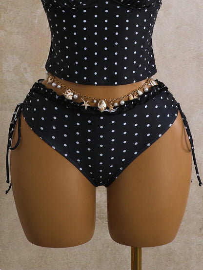Sunnyshic Women's 2-Piece Swimwear Set For Summer, Black & White Polka Dot Print With Ruffle Trim, Cropped Top And Tie-Waist Bottoms Vacation Beach