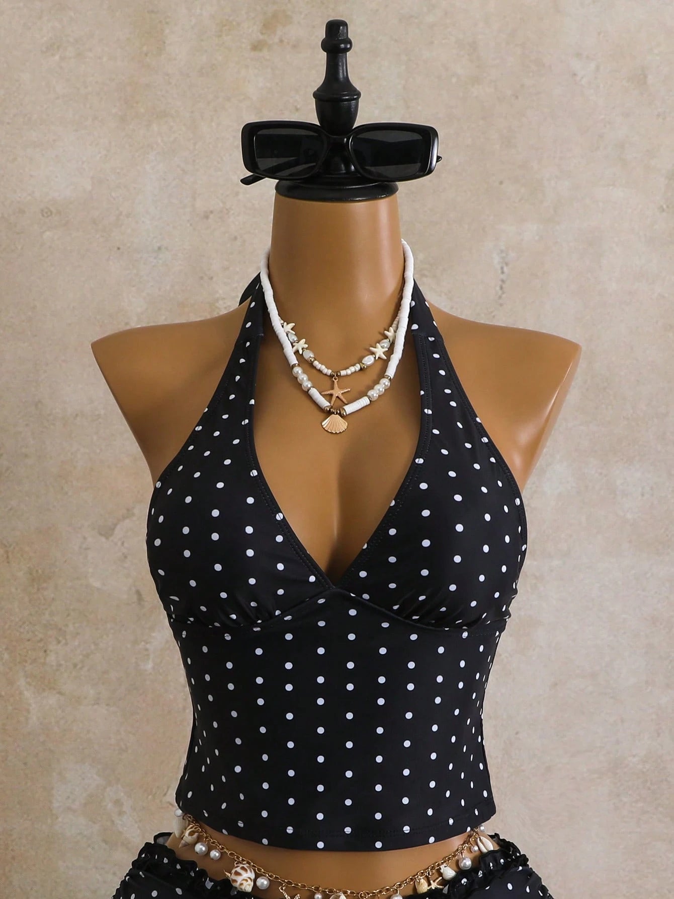 Sunnyshic Women's 2-Piece Swimwear Set For Summer, Black & White Polka Dot Print With Ruffle Trim, Cropped Top And Tie-Waist Bottoms Vacation Beach