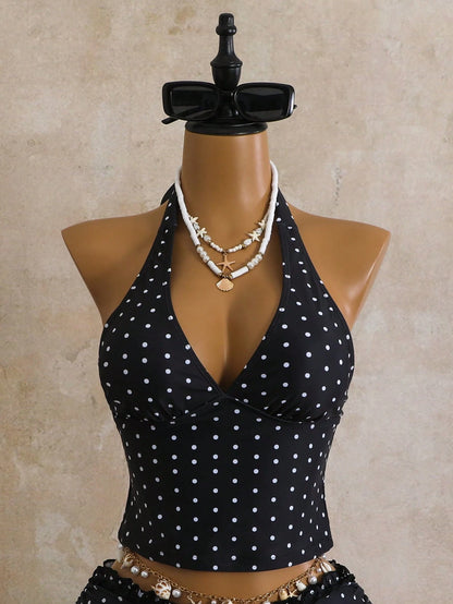 Sunnyshic Women's 2-Piece Swimwear Set For Summer, Black & White Polka Dot Print With Ruffle Trim, Cropped Top And Tie-Waist Bottoms Vacation Beach