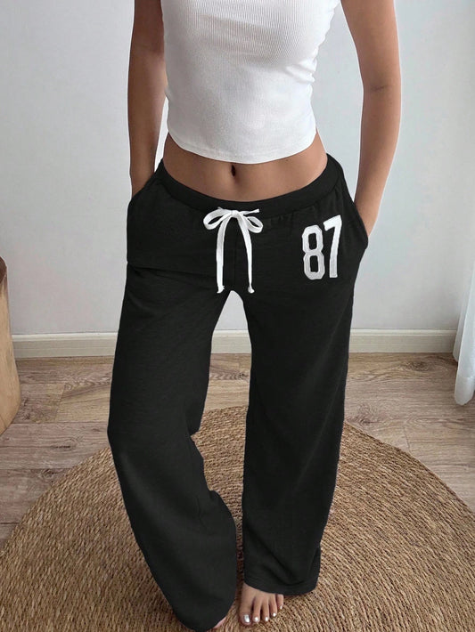 Sunnyshic Women Summer Grey 87 Embroidered Low Waist Ribbed Sweatpants,Loose Straight Leg Slant Pocket Casual Athleisure,Black N White Winter Gym Back-To-School