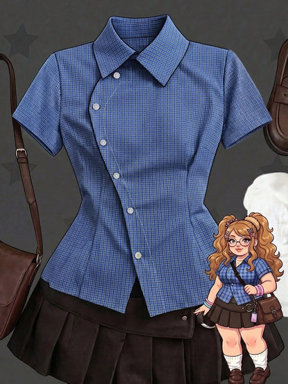 Sunspun Plus Size Spring Summer Asymmetrical Collar Short Sleeve Plaid Shirt