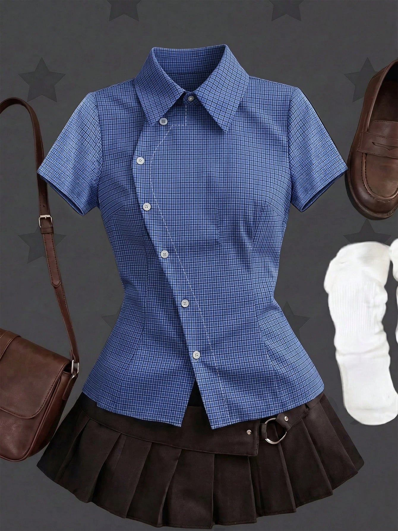 Sunspun Plus Size Spring Summer Asymmetrical Collar Short Sleeve Plaid Shirt