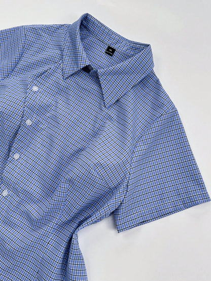 Sunspun Plus Size Spring Summer Asymmetrical Collar Short Sleeve Plaid Shirt