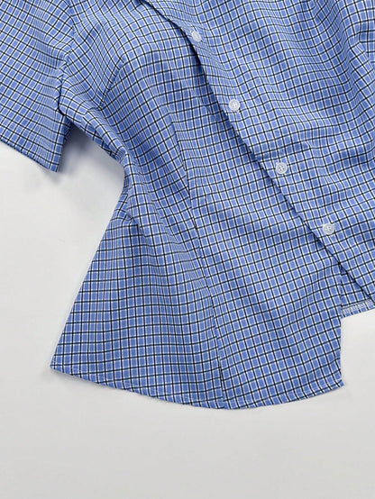Sunspun Plus Size Spring Summer Asymmetrical Collar Short Sleeve Plaid Shirt