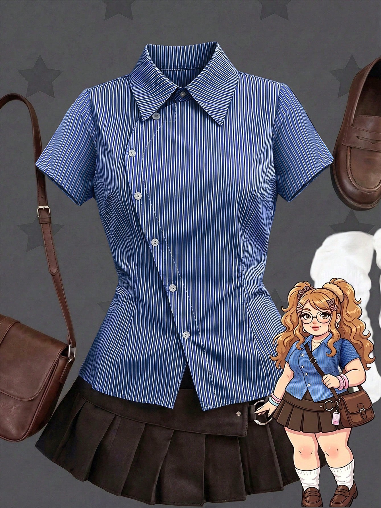 Sunspun Plus Size Spring Summer Asymmetrical Collar Short Sleeve Plaid Shirt