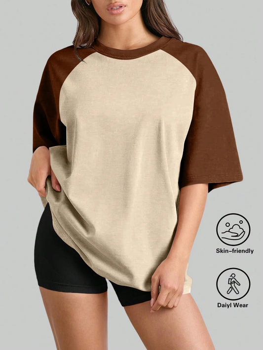 SUPEKYKO Plus Size Women's Color Block Raglan Short Sleeve T-Shirt- Sporty Casual Comfortable Top Sports Summer