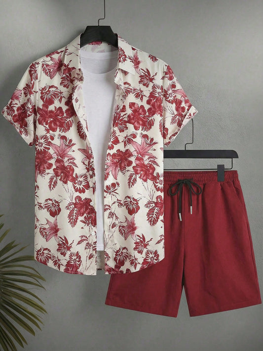 Surfspeed Plus Size Men Floral Print Single-Breasted Short Sleeve Top And Pocket Shorts Beach Outfit, Holiday