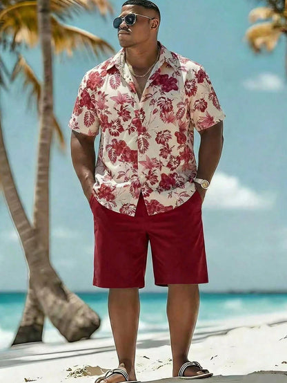 Surfspeed Plus Size Men Floral Print Single-Breasted Short Sleeve Top And Pocket Shorts Beach Outfit, Holiday