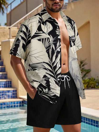 Surfspeed Plus Size Men Floral Print Single-Breasted Short Sleeve Top And Pocket Shorts Beach Outfit, Holiday